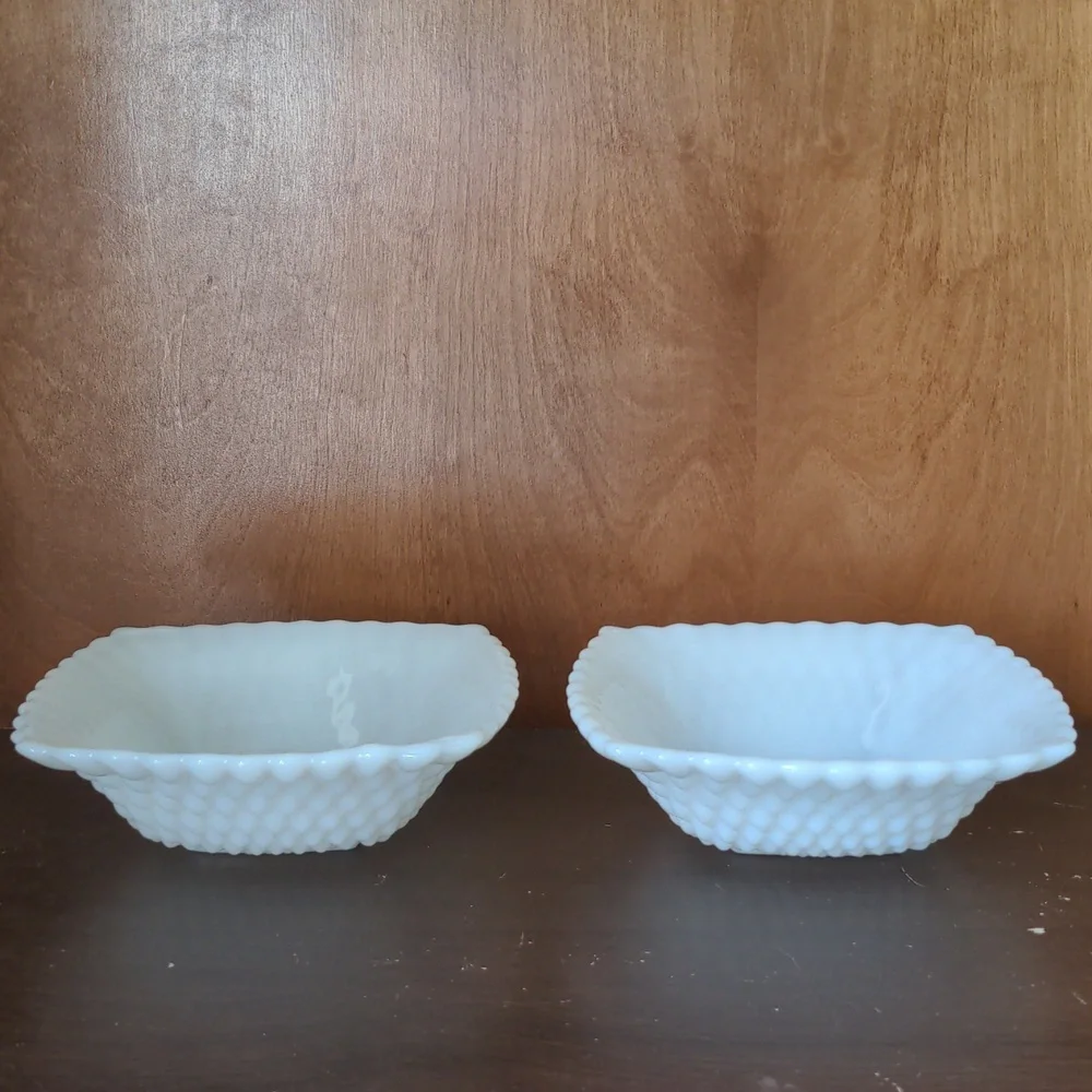 Vintage Square Shaped Mlik Glass Hobnail Bowls Set of 2